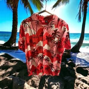 Coca Cola Shirt Mens Size Medium Red Floral Hawaiian Button Up Pocket Rayon NWT